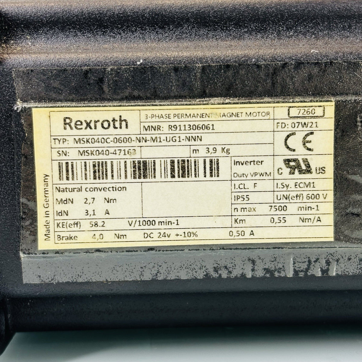 Rexroth MSK040C-0600-NN-M1-UG1-NNN nameplate