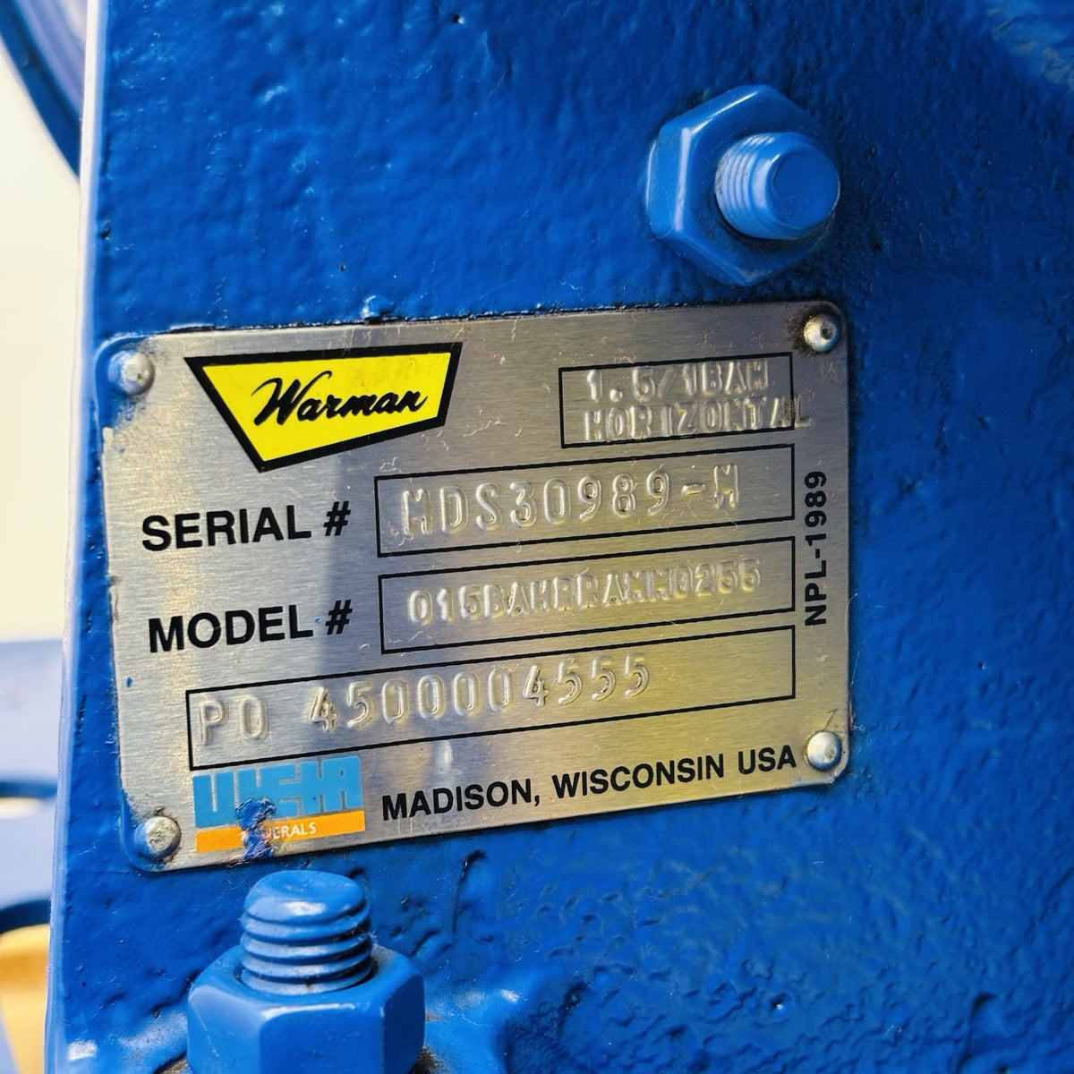 Warman 1.5/1BAH Slurry Pump equipment nameplate
