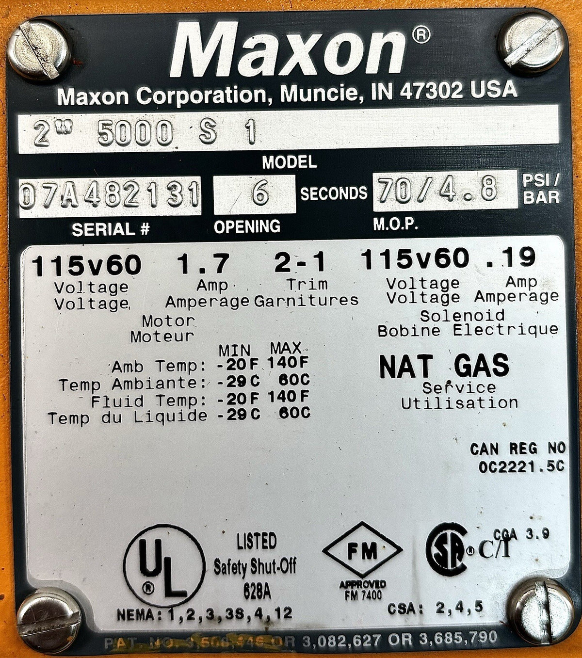 Maxon 2" 5000 S 1 2 in nameplate