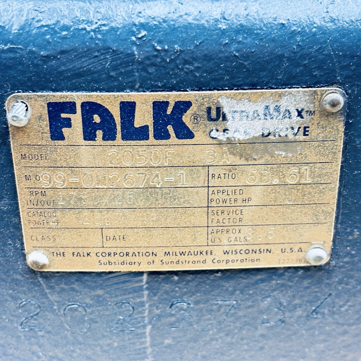 Falk 2050F3A Gear Drive equipment nameplate