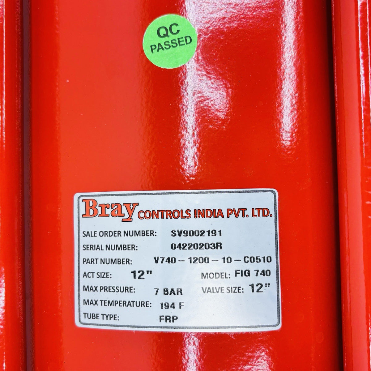 Bray Controls 740 Knife Gate Valve equipment nameplate