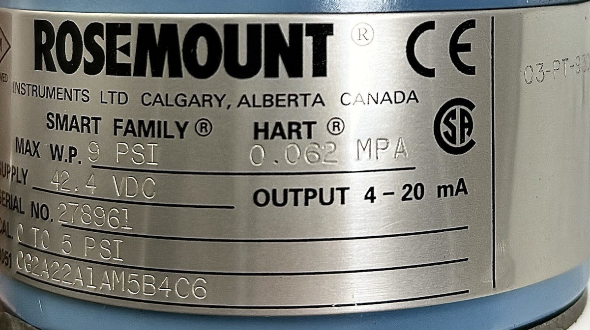 Rosemount 3051CG2A22A1AM5B4C6 Gage Pressure Transmitter equipment nameplate