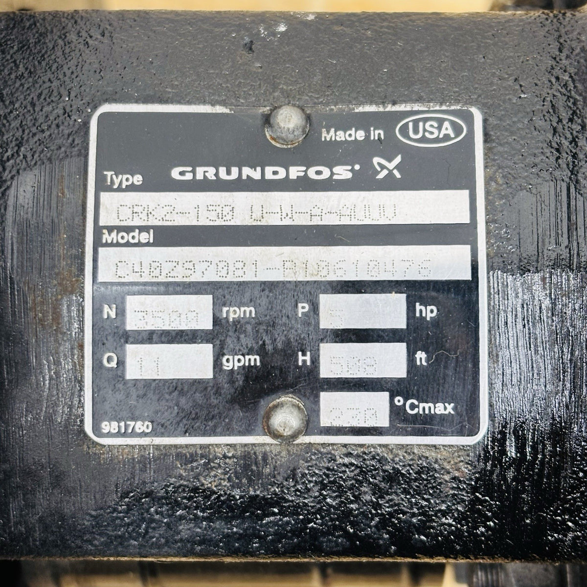 Grundfos CRK2-150 U-W-A-AAUV data tag