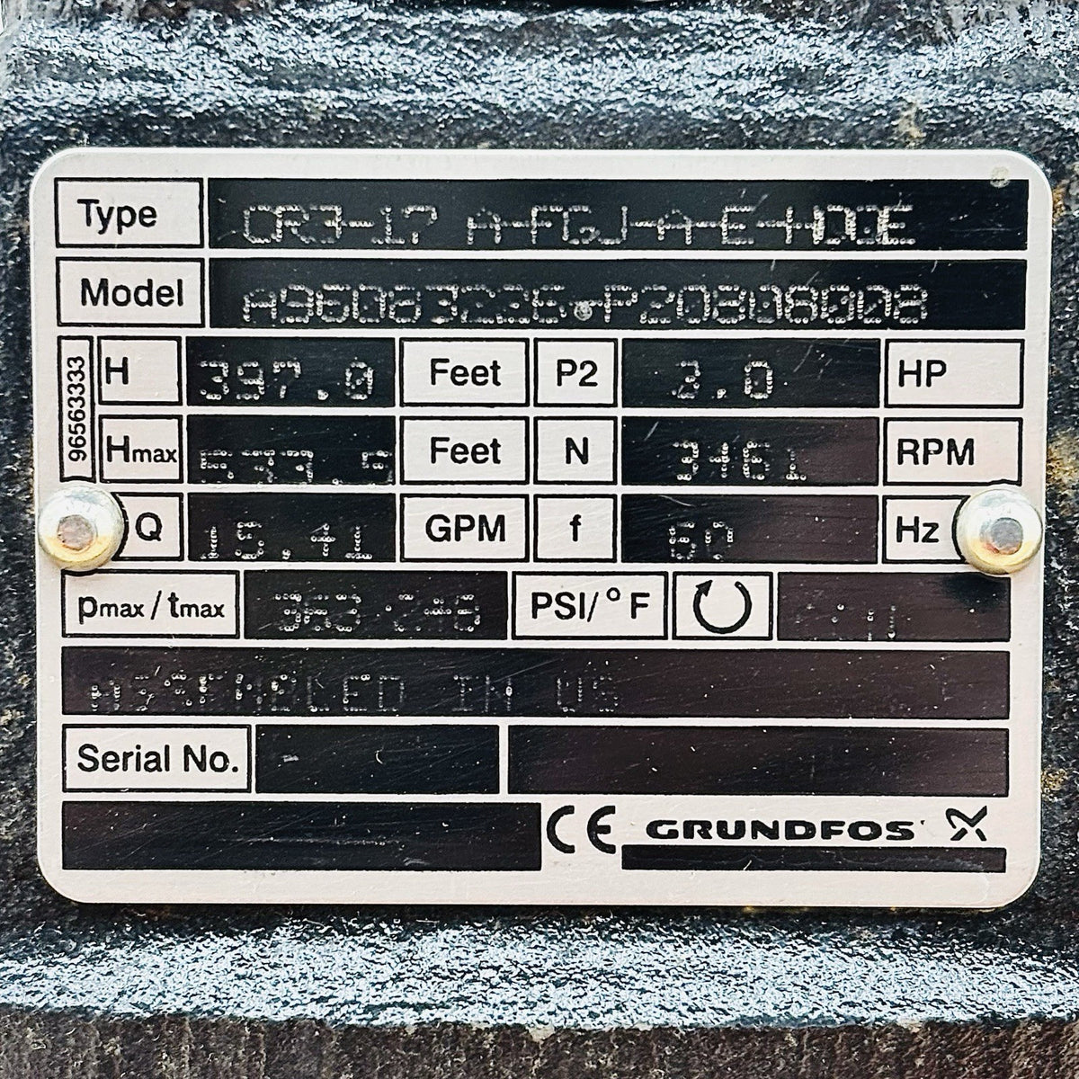 Grundfos CR3-17 Multistage Pump equipment nameplate