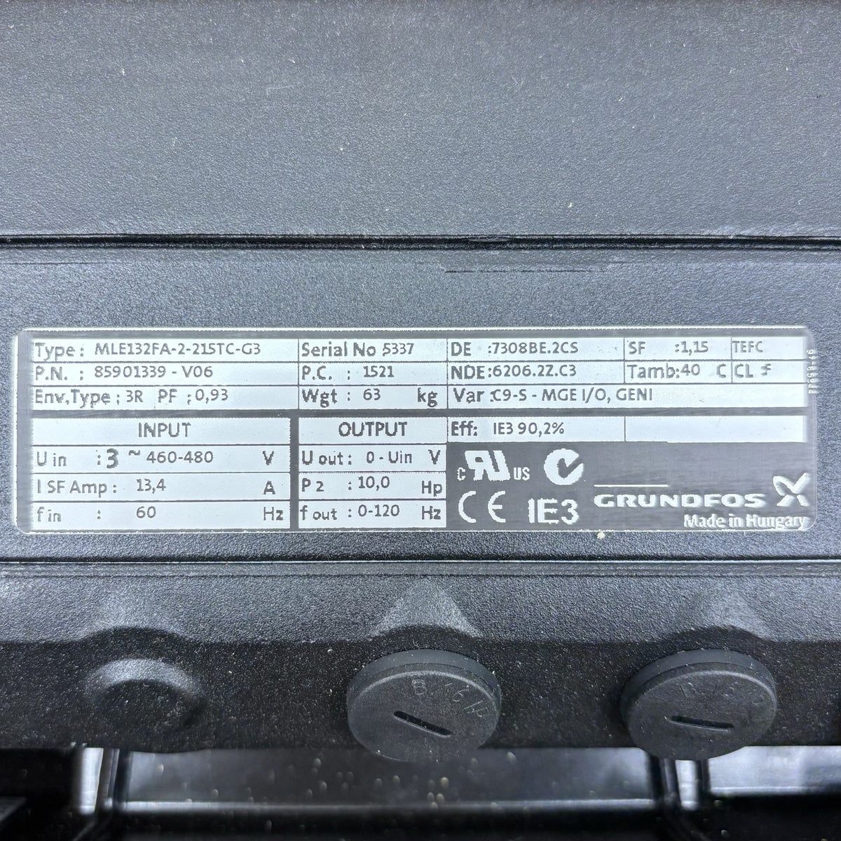 Grundfos CRNE10-12 Multistage Pump equipment nameplate