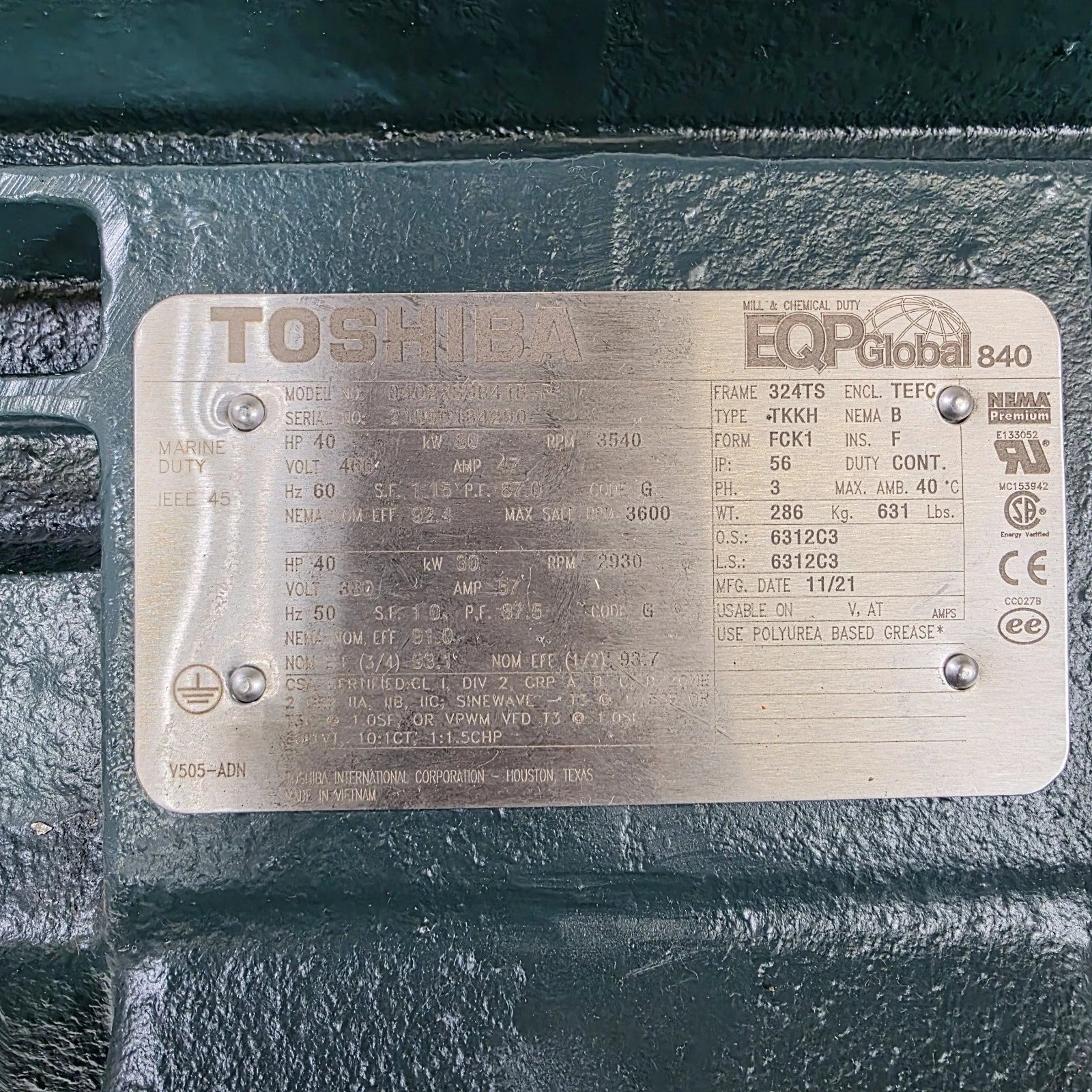 Toshiba 0402XSSB41B-P Electric Motor 40HP, 3540RPM, 460V, TEFC, 3PH