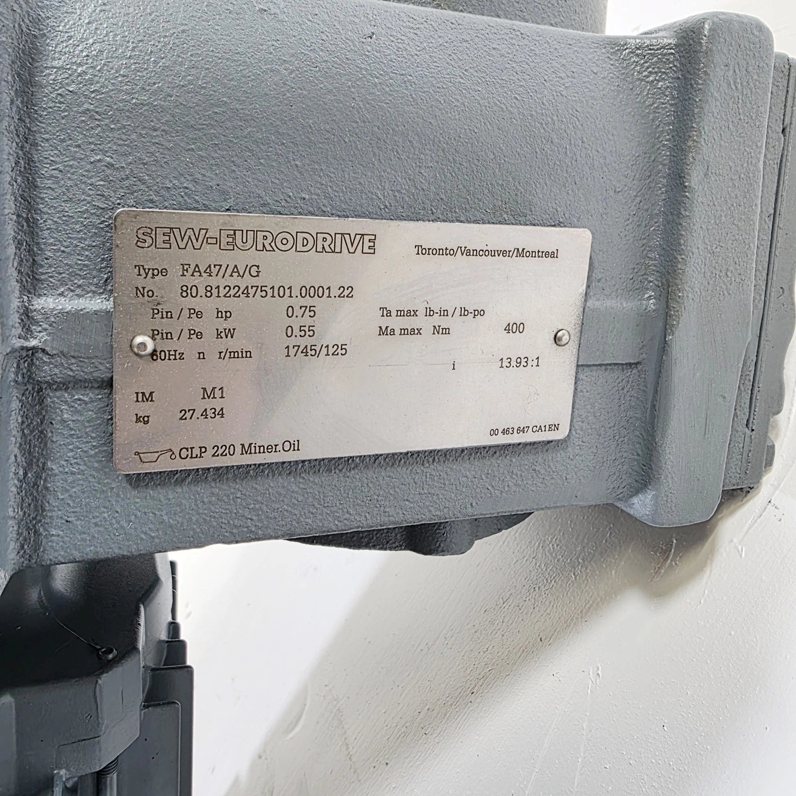 SEW Eurodrive FA47/A/G Gear Drive 13.93:1 Ratio 400Nm Right Angle Reducer