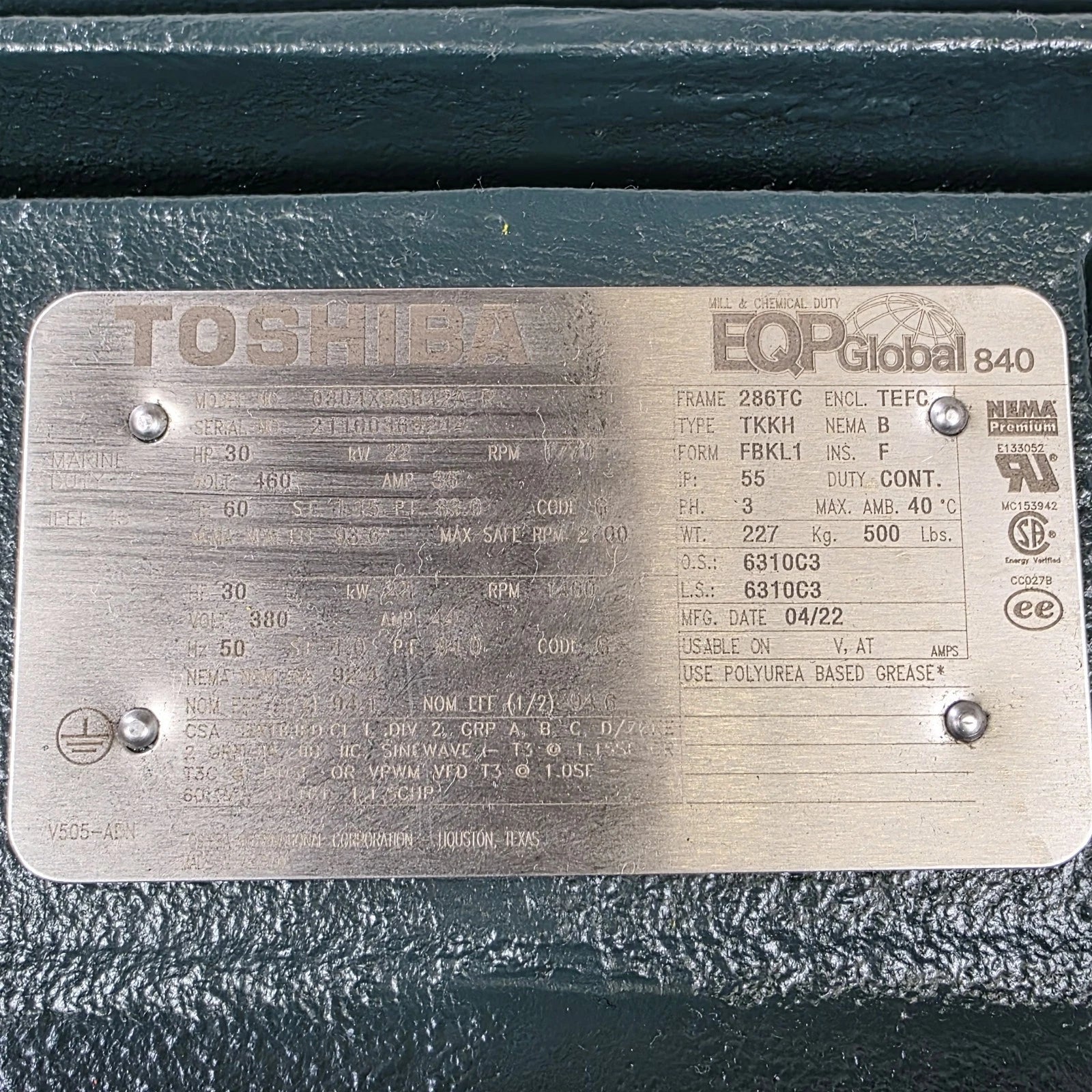 Toshiba 0304XSSB42A-P Electrical Motor 30HP,  TEFC, 460V, 3PH