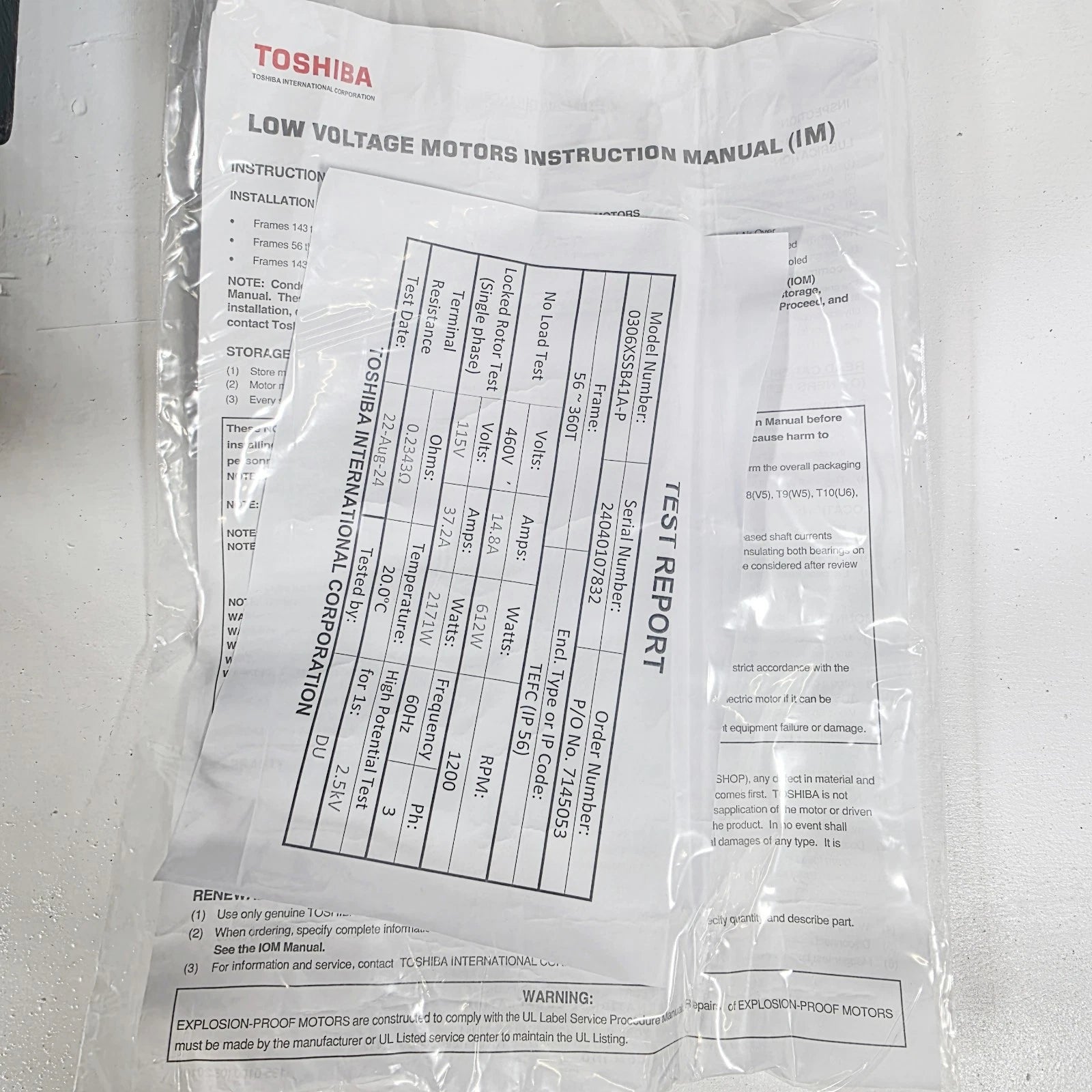 Toshiba 0306XSSB4TALP Electric Motor 30HP, 460V, 326T, 1180RPM, TEFC