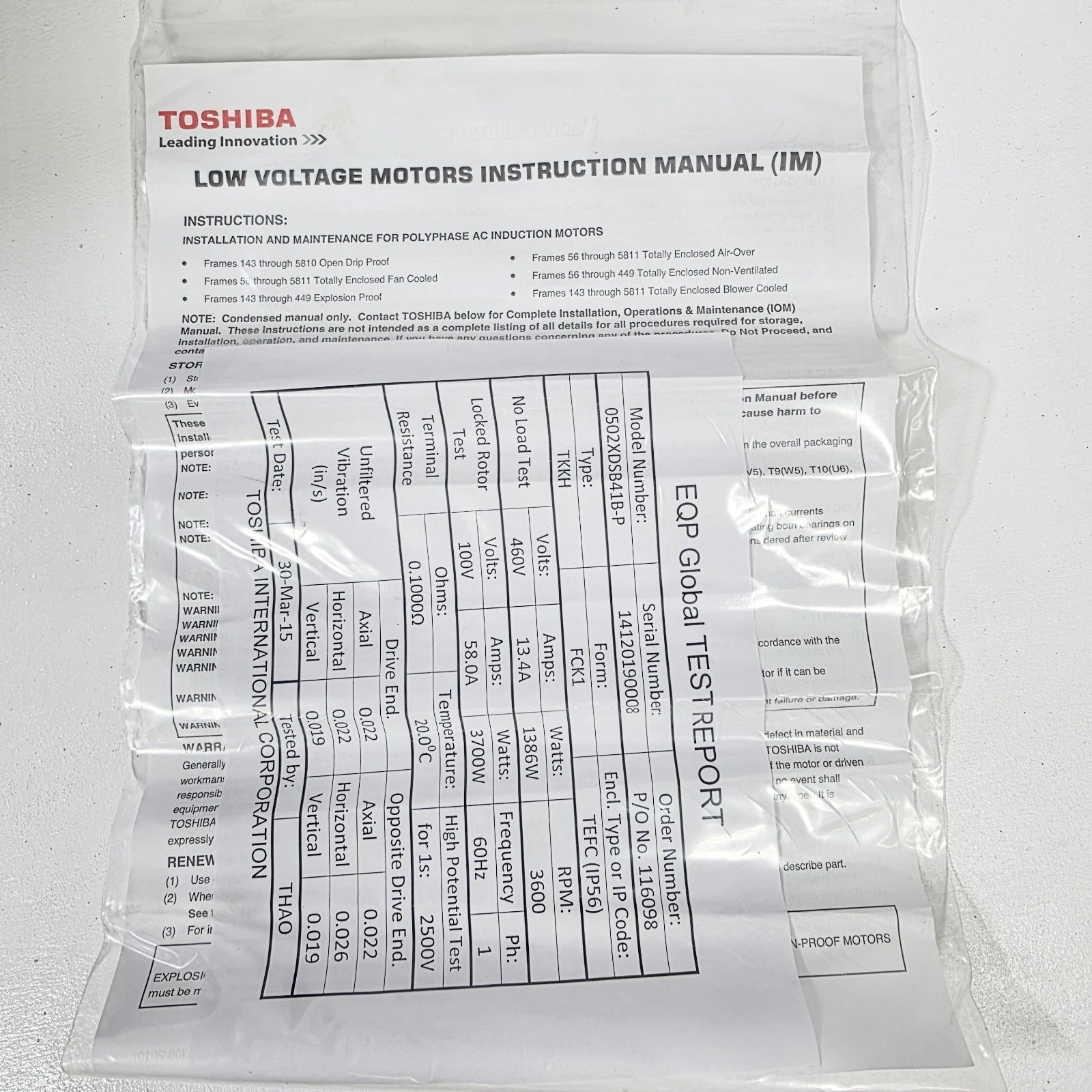 Toshiba 0502XDSB41B-P  Electric Motor 50HP, 460V, 3540RPM, TEFC