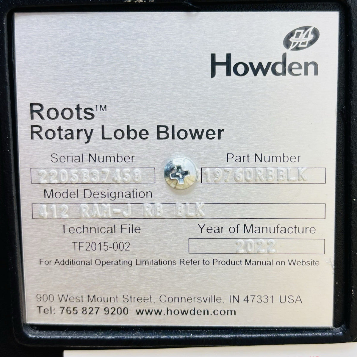 Howden Roots 412 RAM-J nameplate