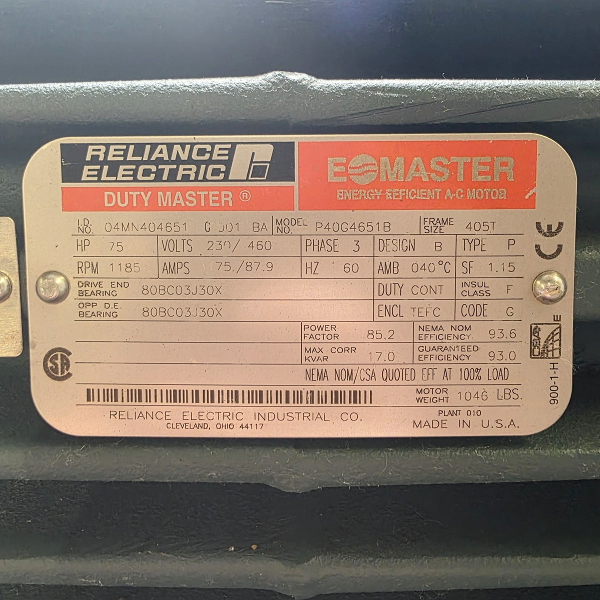 Reliance Electric 75HP motor nameplate