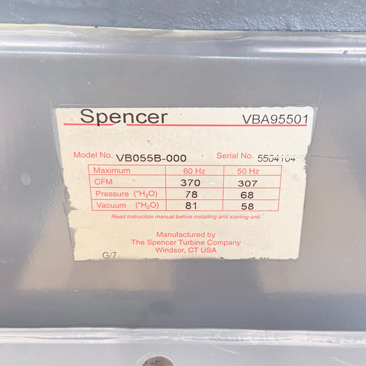 Spencer VB055B-000 nameplate