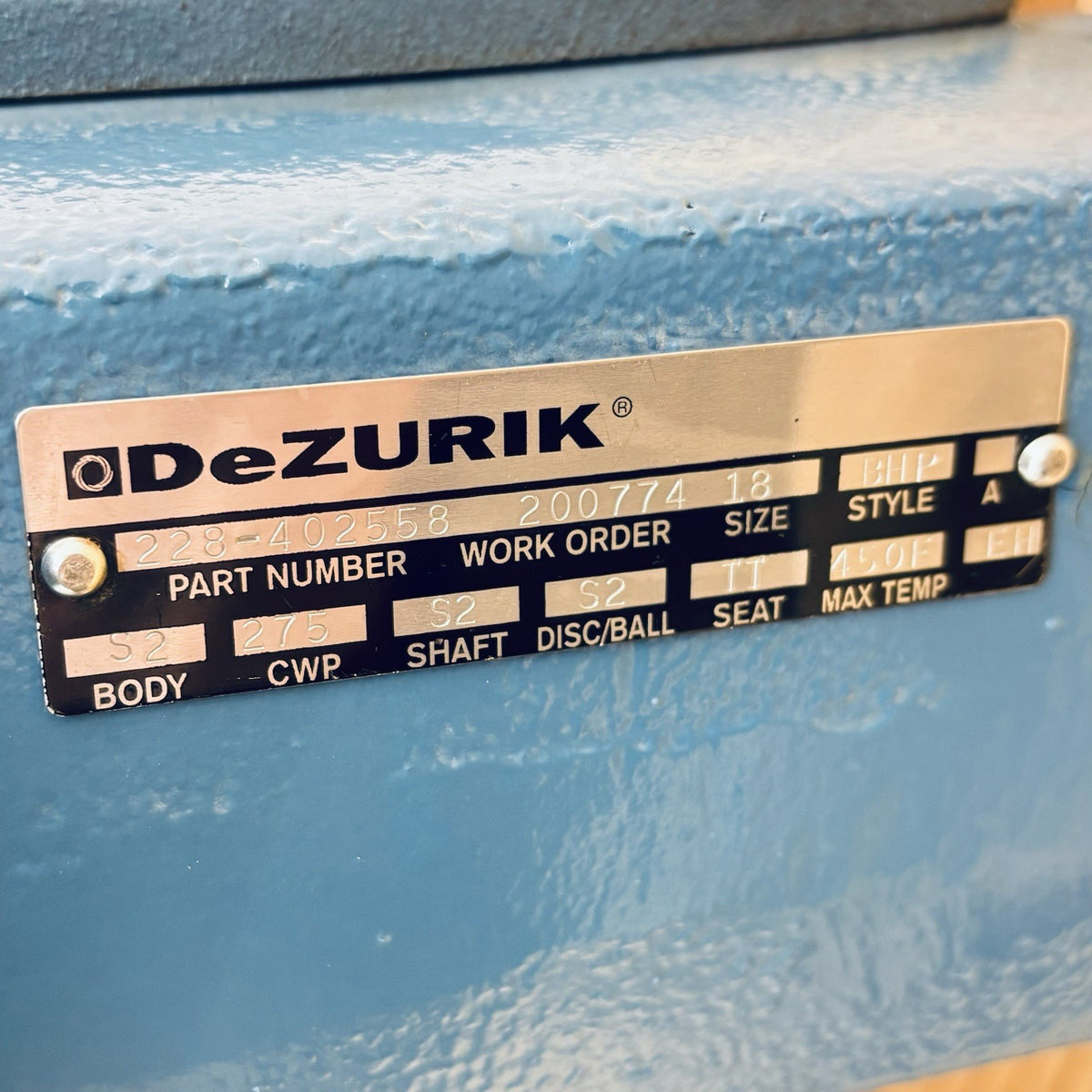 DeZURIK BHP Butterfly Valve equipment nameplate