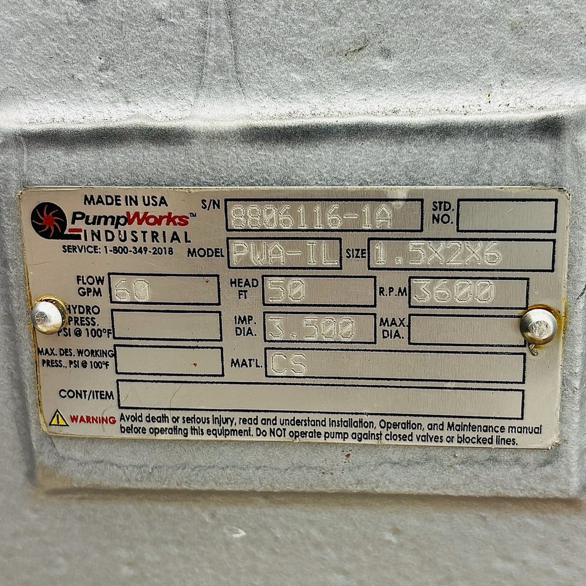PumpWorks PWA-IL Inline Pump equipment nameplate