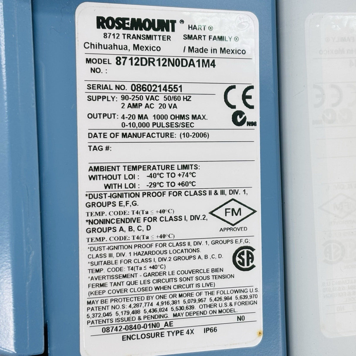 Rosemount 8712DR12N0DA1M4 Magnetic Flowmeter Transmitter equipment nameplate