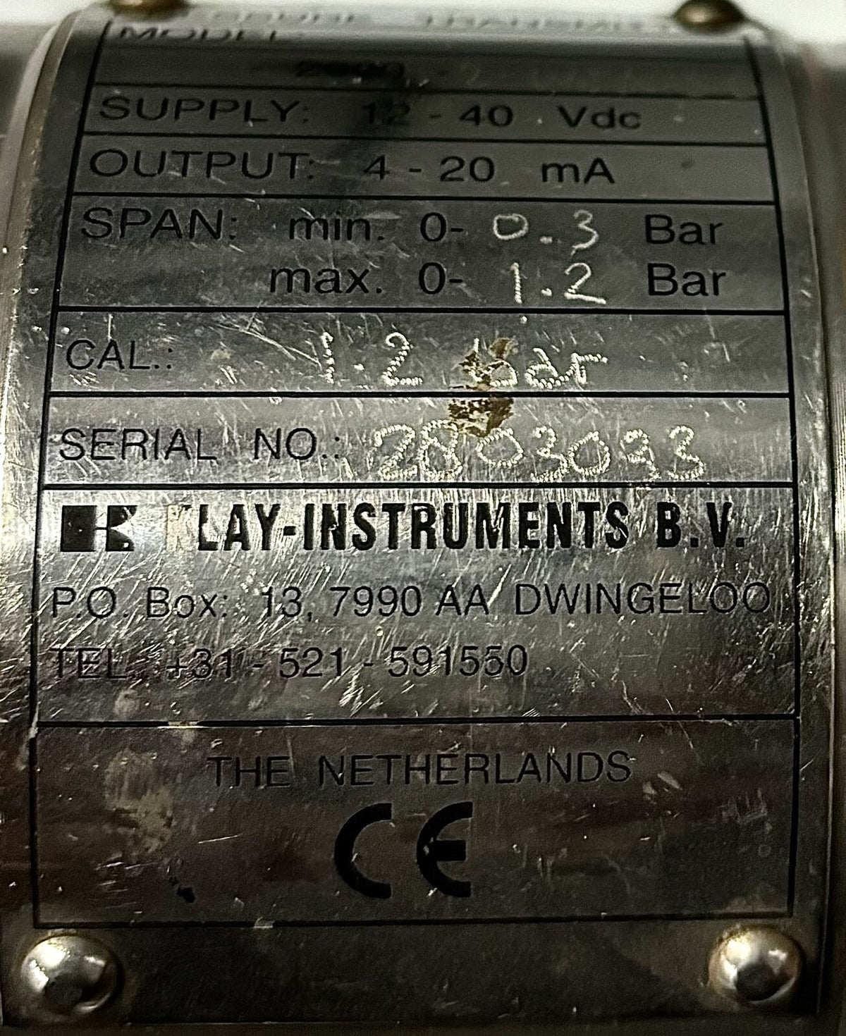 Klay Instruments 2000-2-WIN-S-G Pressure Transmitter equipment nameplate