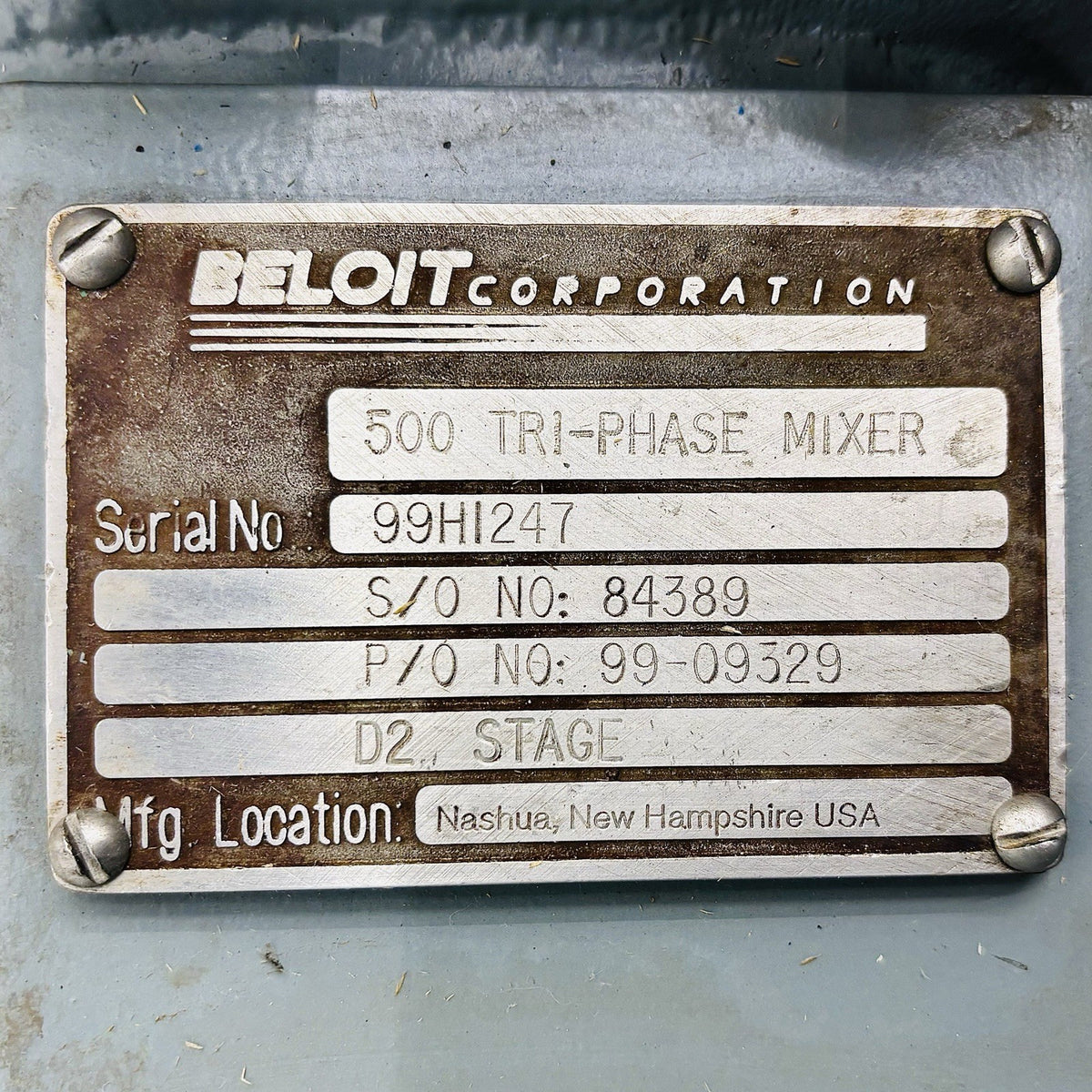 Beloit 500 Tri-Phase Mixer data tag