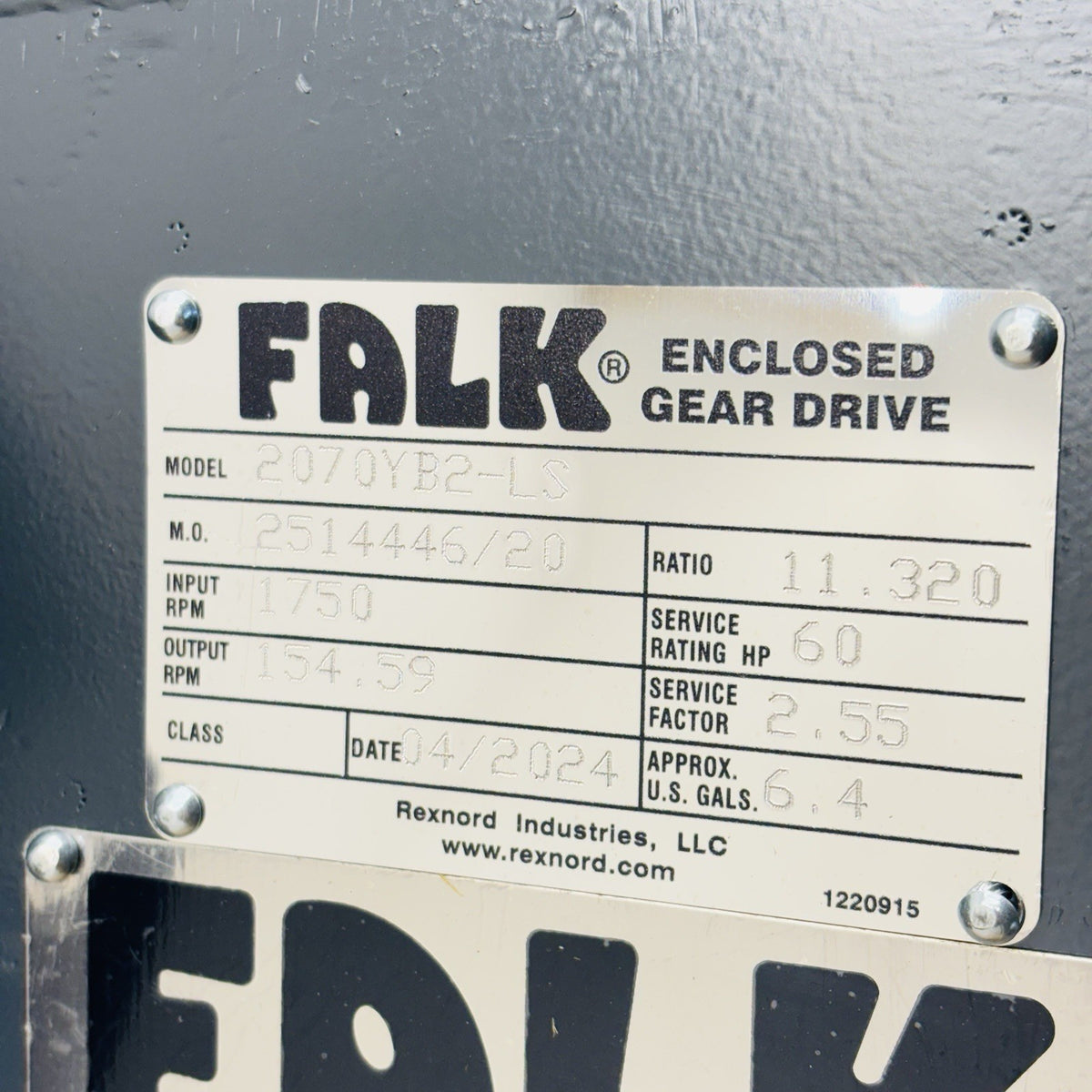 Falk 2070YB2-LS Gear Drive equipment nameplate