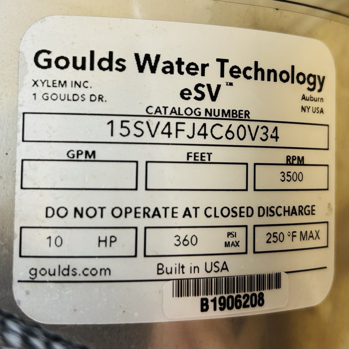 Goulds 15SV4FJ4C60V34 Multistage Pump equipment nameplate