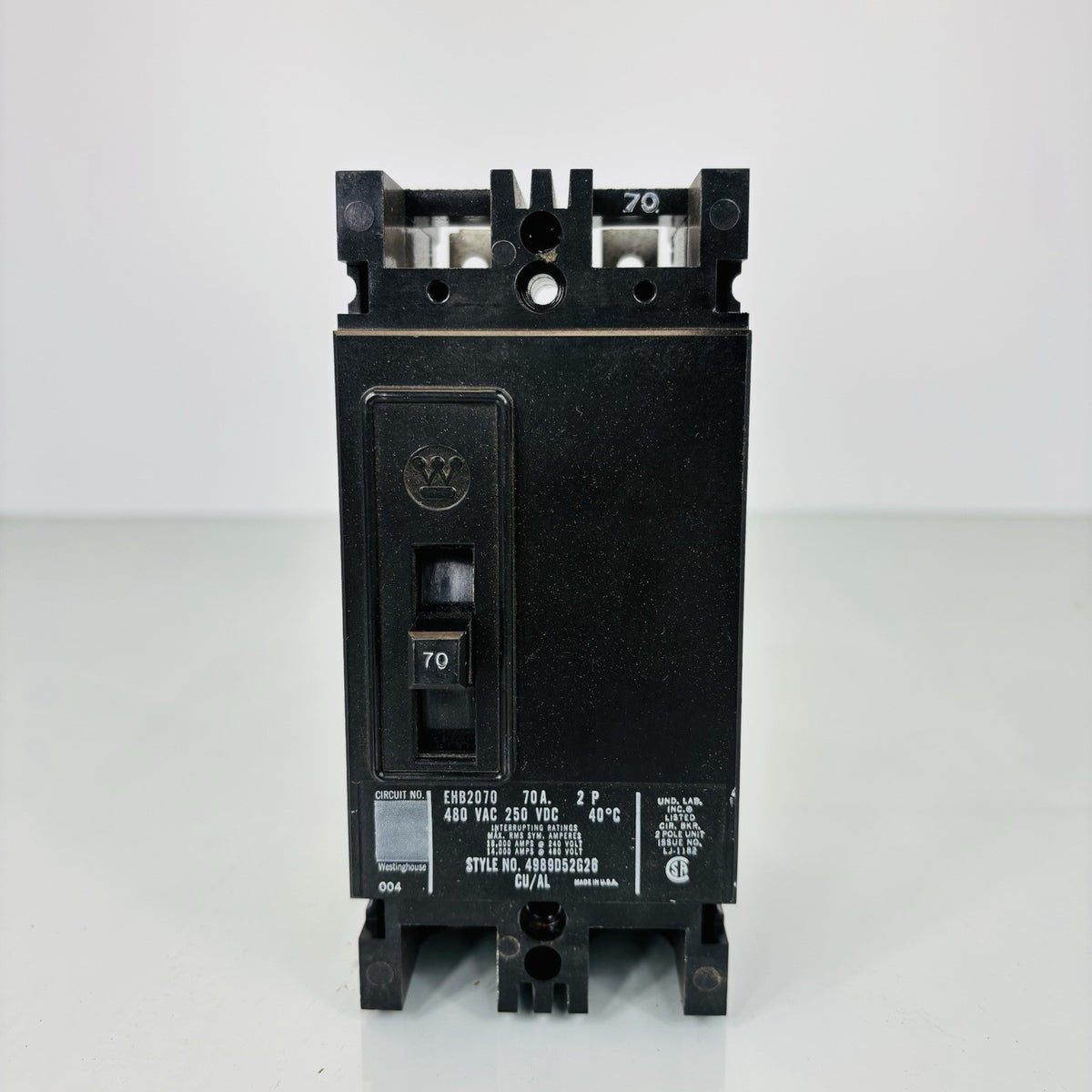 Westinghouse EHB2070 Molded Case Circuit Breaker equipment nameplate