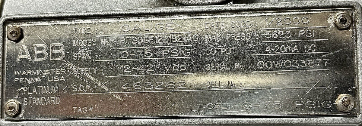 ABB PTSDGF1221B21A0 Gauge Pressure Transmitter equipment nameplate