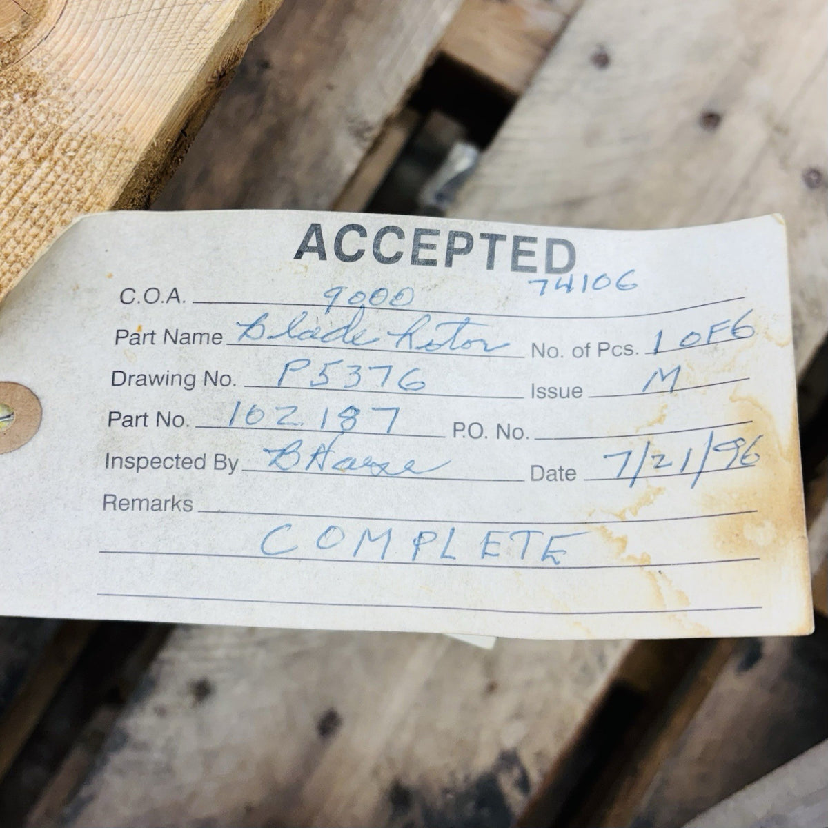 Voith 43-114 blade rotor inspection tag part 102187 drawing P5376