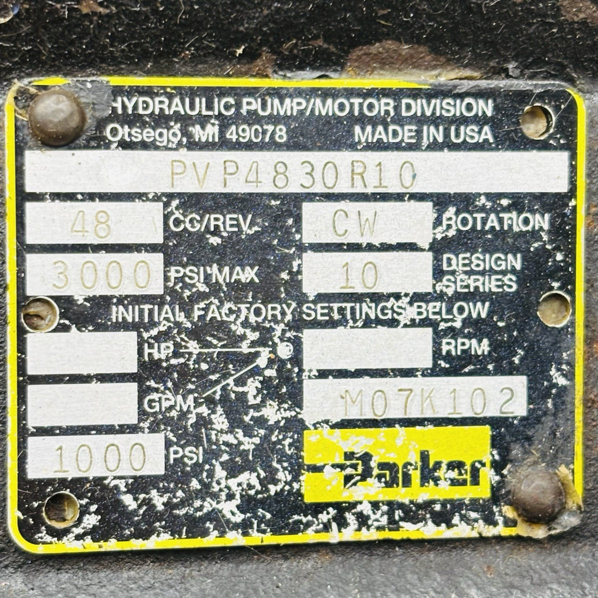 Parker PVP4830R10 Hydraulic Pump equipment nameplate