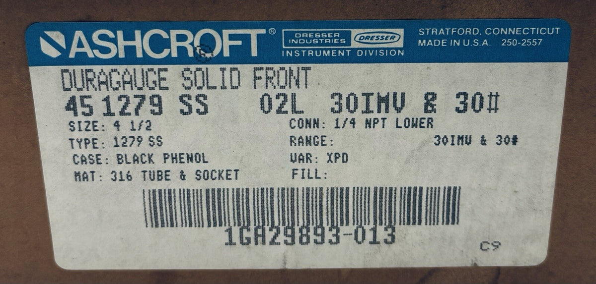 Ashcroft 45-1279-SS-02L-30IMV&30# Duragauge Solid Front Pressure Gauge equipment nameplate