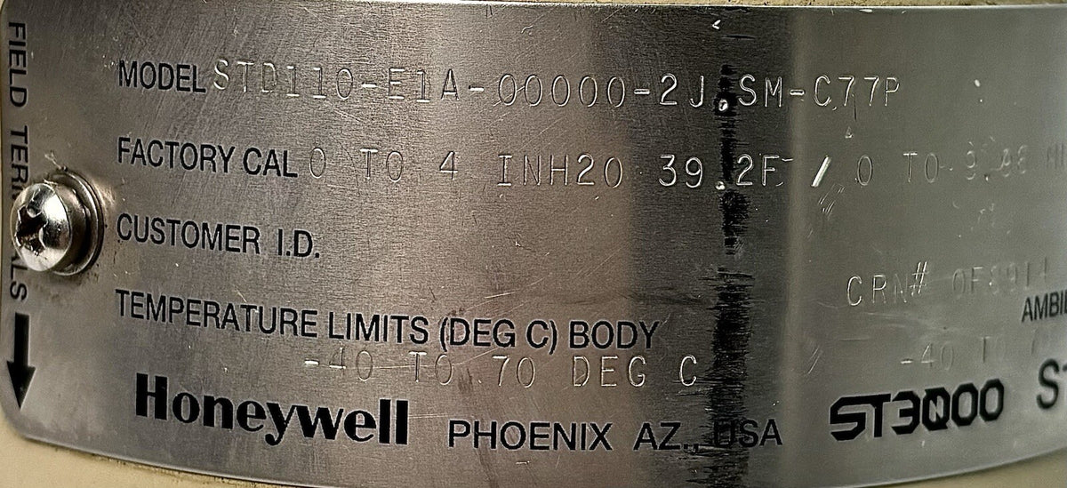 Honeywell STD110-E1A-00000-2J Differential Pressure Transmitter equipment nameplate