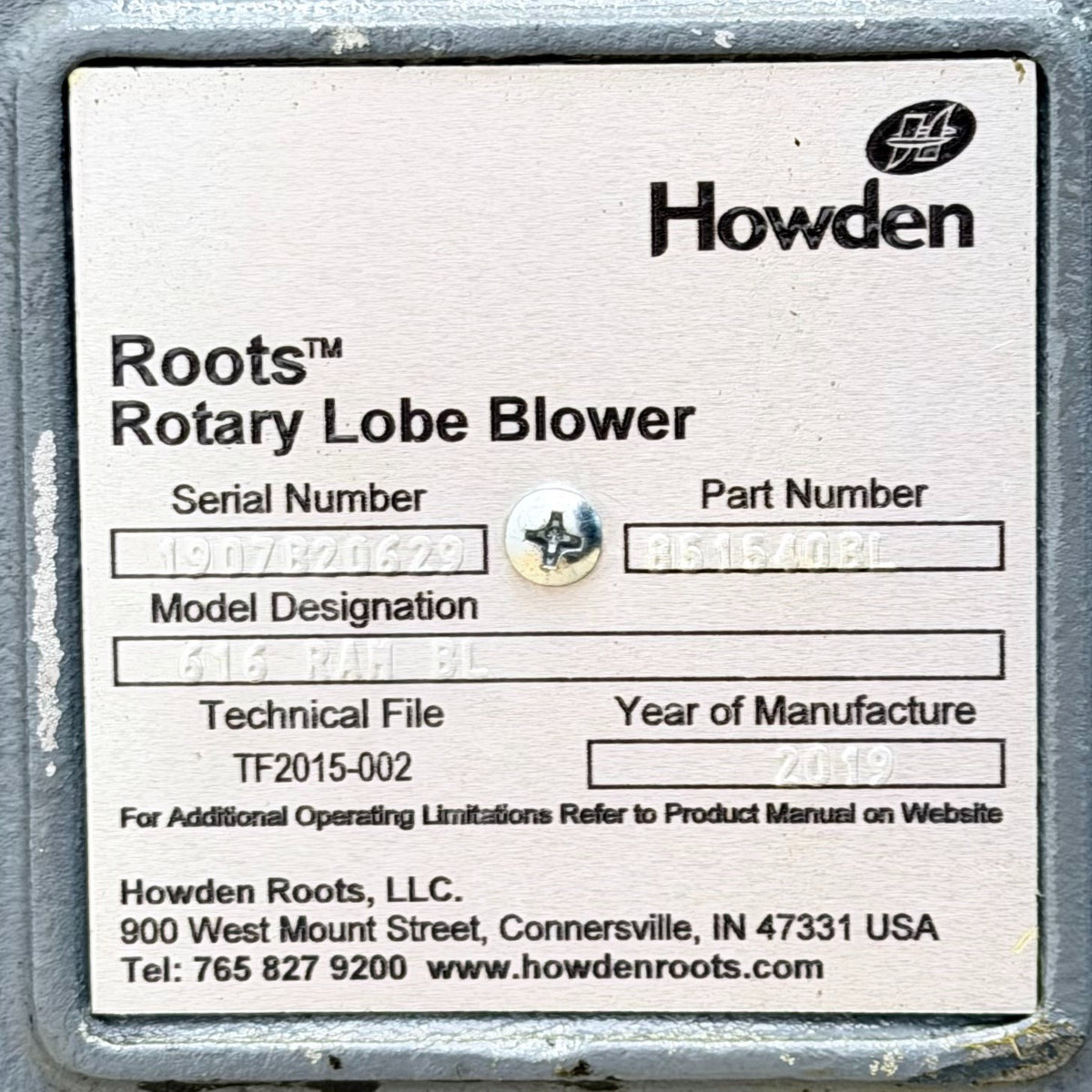 Howden Roots 851540BL nameplate