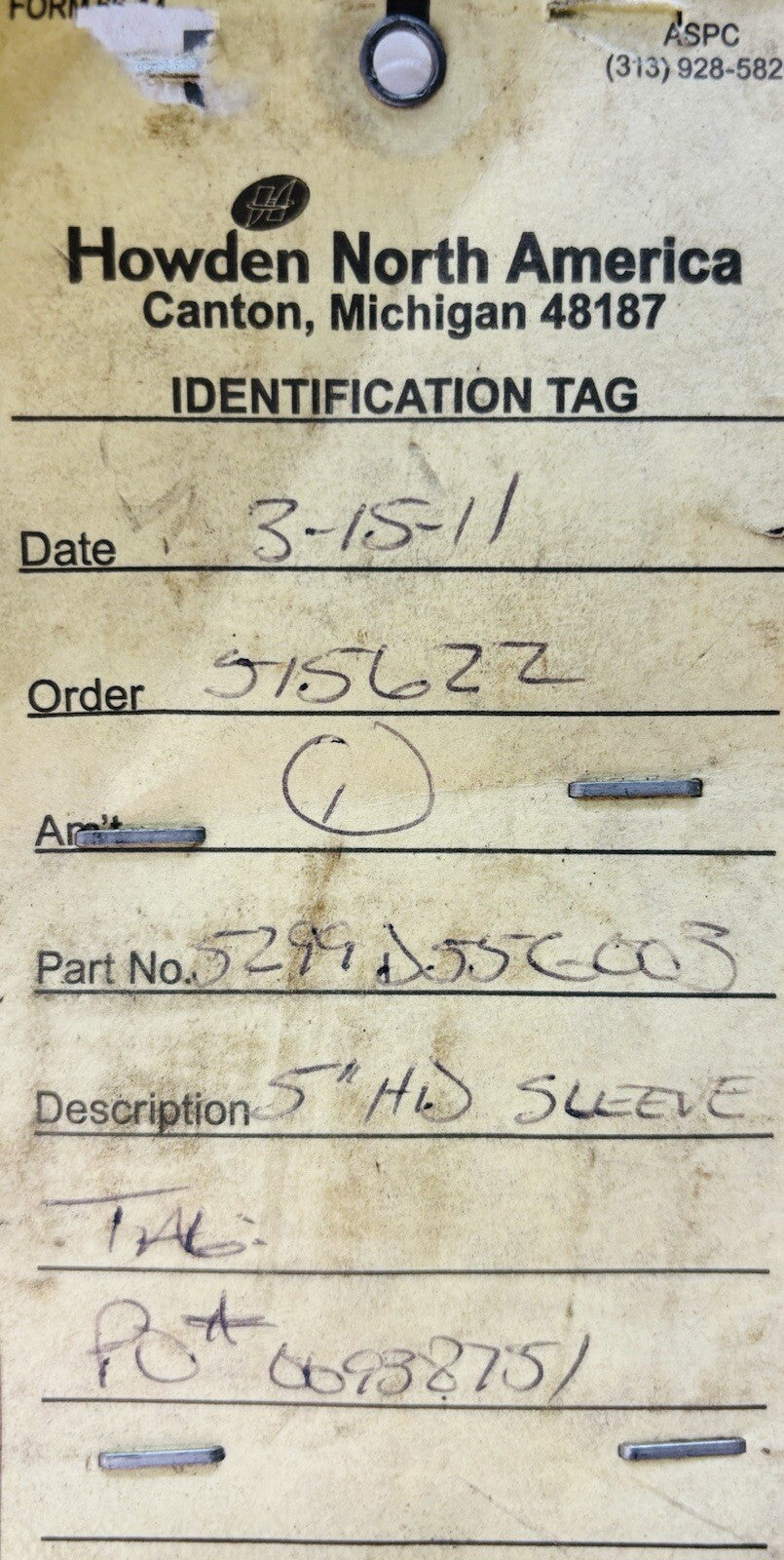 Howden identification tag part 5299D556003 5 in sleeve