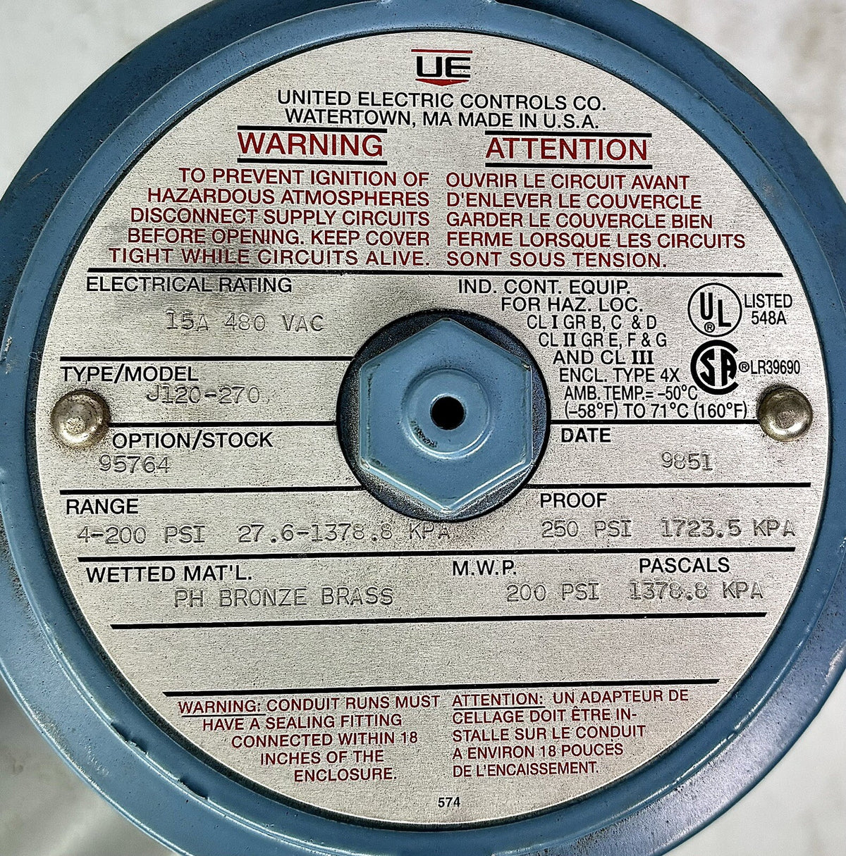 United Electric J120-270 Pressure Switch equipment nameplate