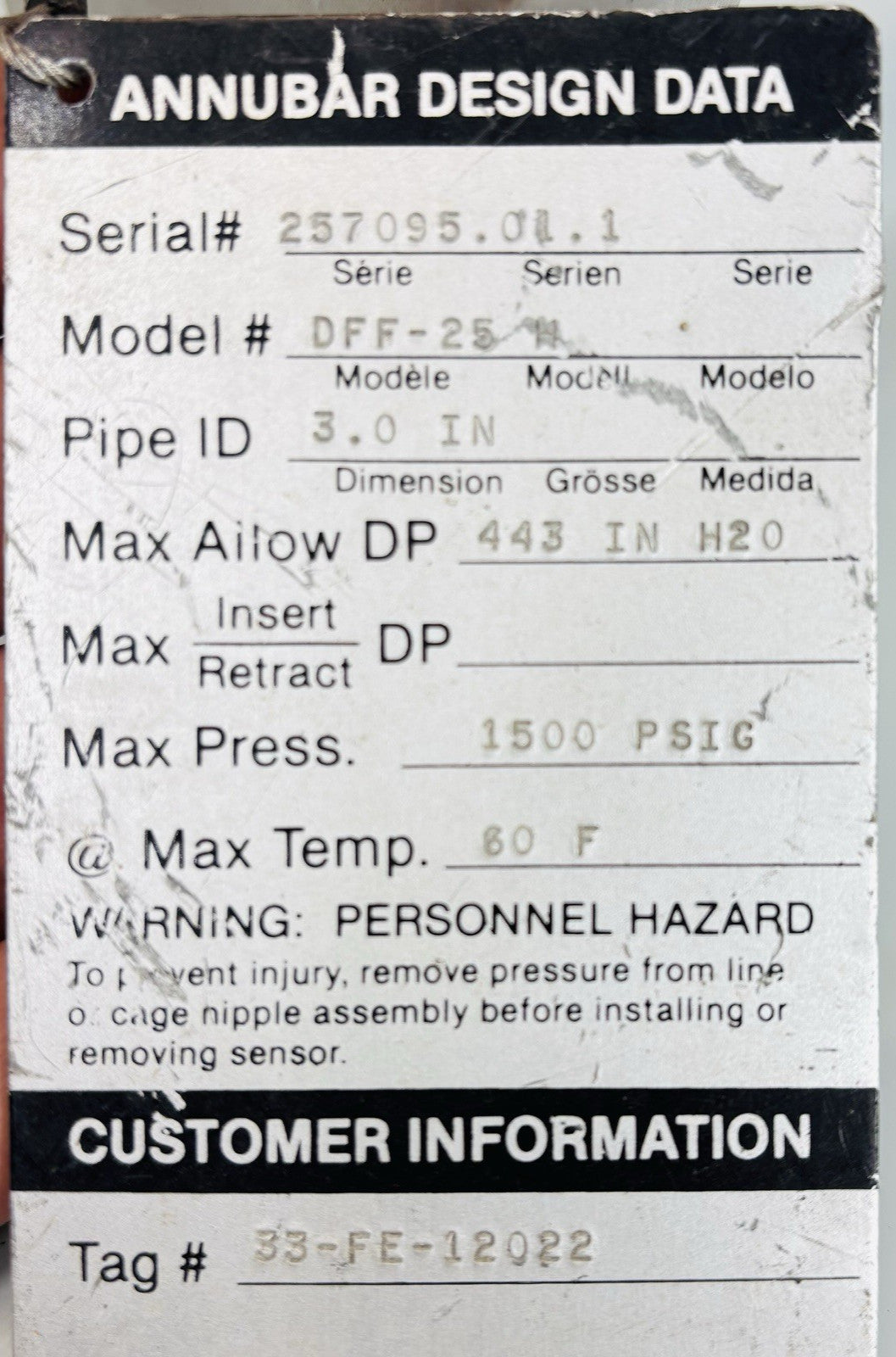 Dieterich Standard DFF-25M Diamond II Annubar Flow Sensor equipment nameplate