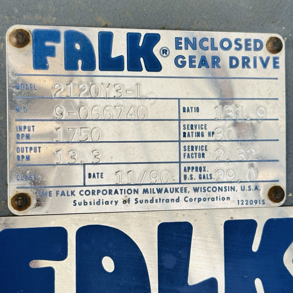 Falk 2120Y3-L Gear Drive equipment nameplate