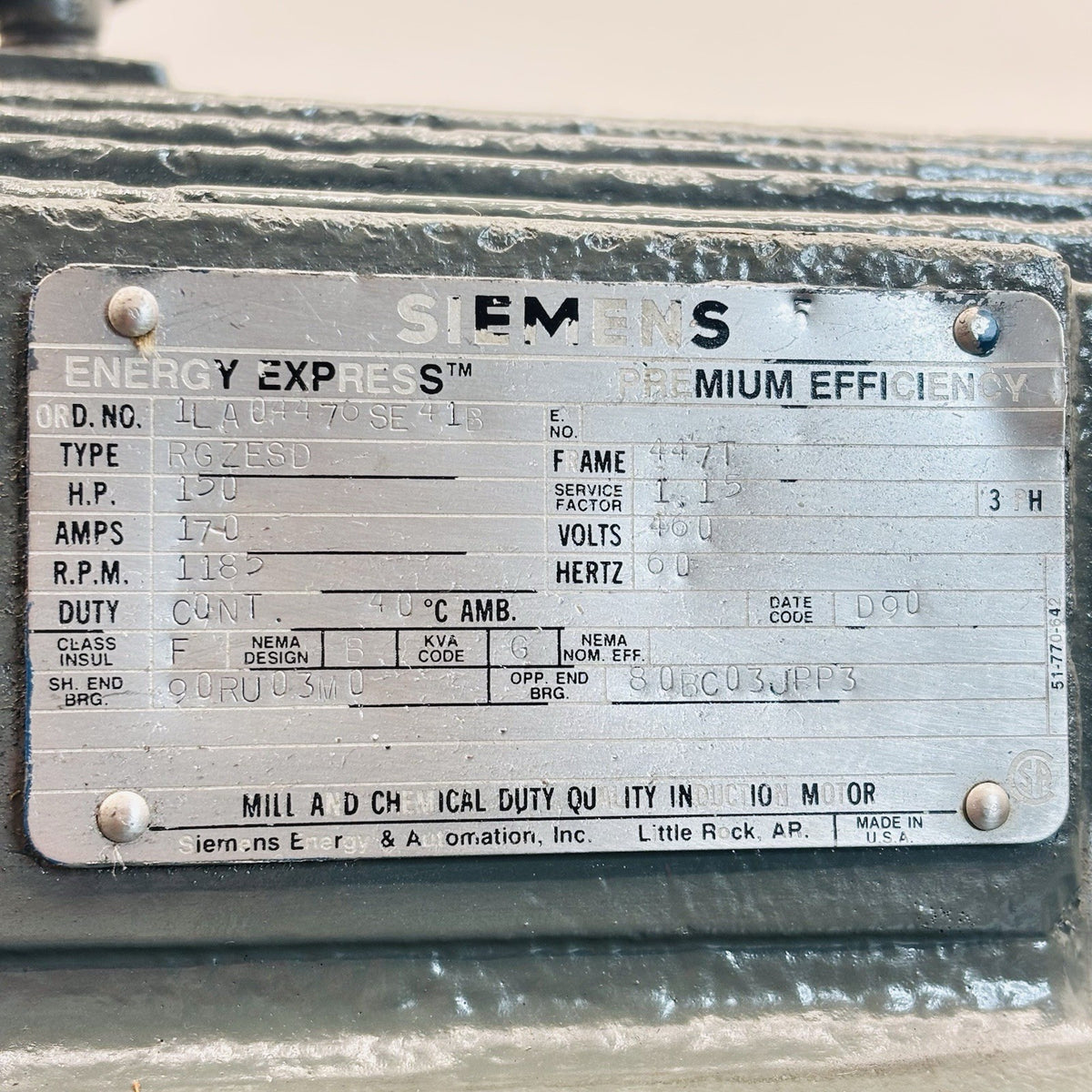 Siemens RGZESD Electric Motor equipment nameplate