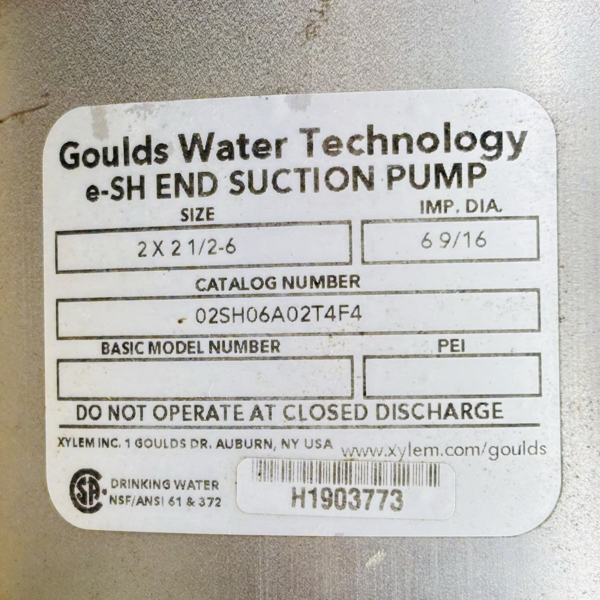 Goulds 02SH06A02T4F4 2 x 2 1/2 - 6 nameplate