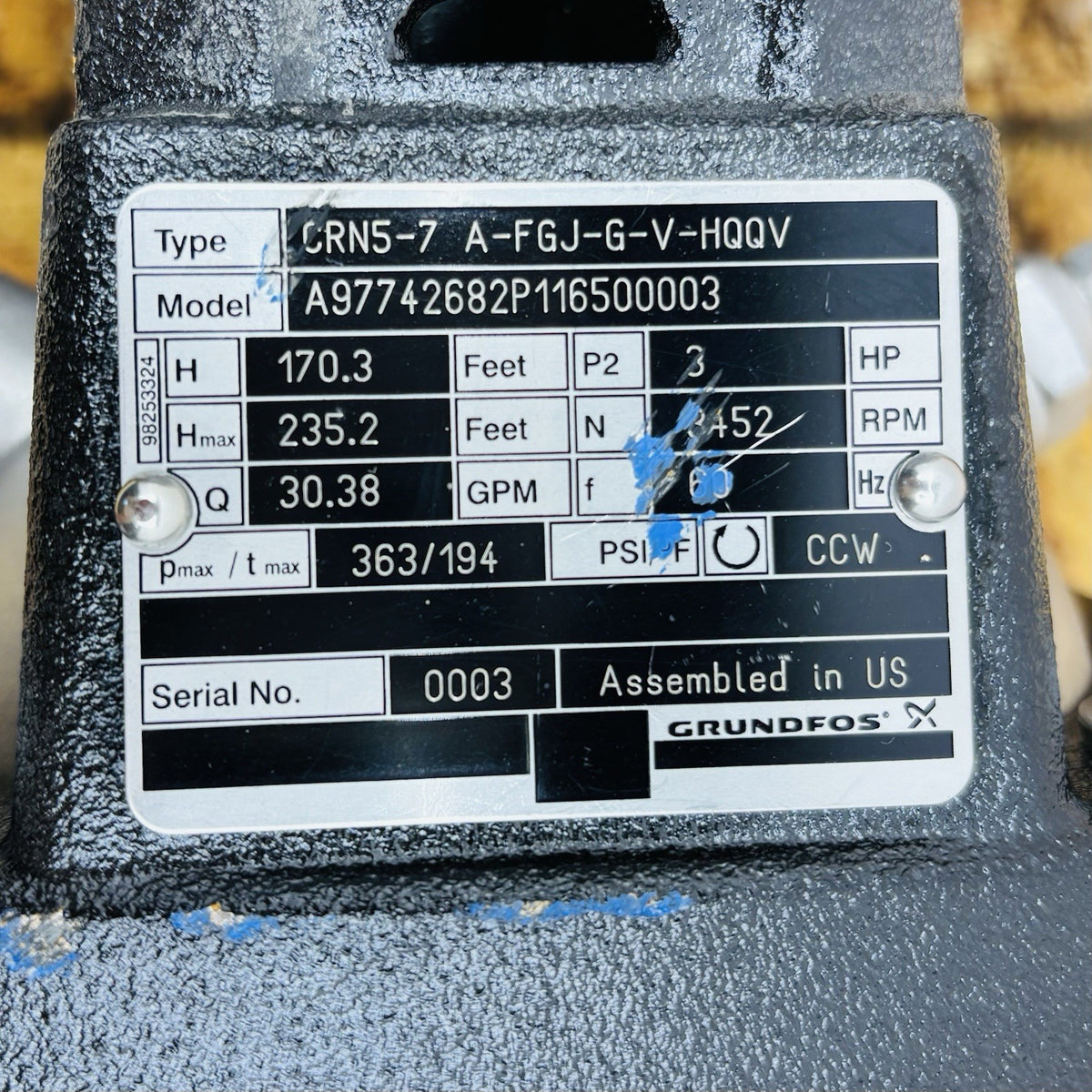 Grundfos CRN5-7 Multistage Pump equipment nameplate