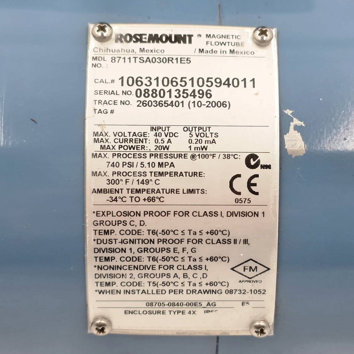 Rosemount 8711TSA030R1E5 Magnetic Flowtube equipment nameplate
