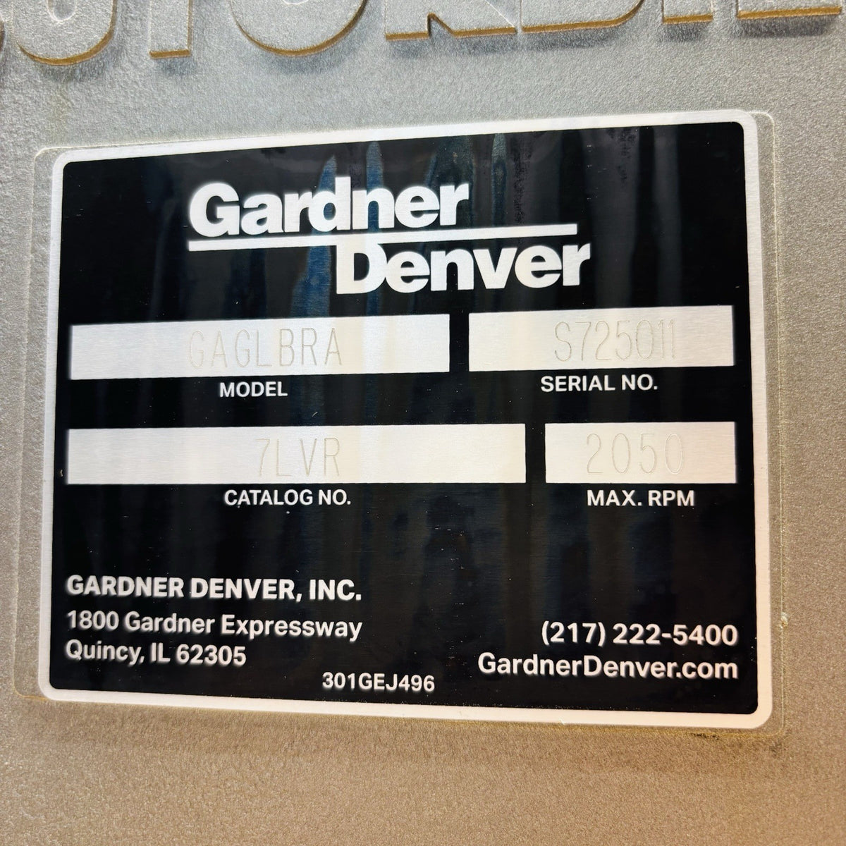 Gardner Denver 7LVR GAGLBRA nameplate