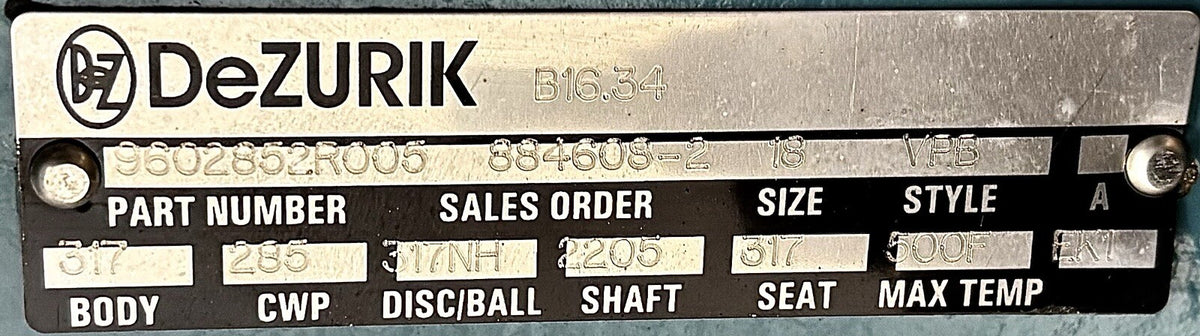 DeZURIK VPB V-Port Ball Valve equipment nameplate