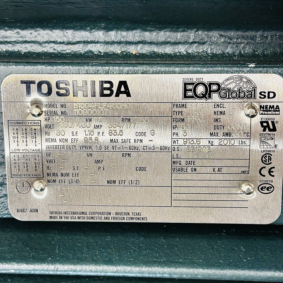 Toshiba B1504FLF4USH01 Electric Motor equipment nameplate