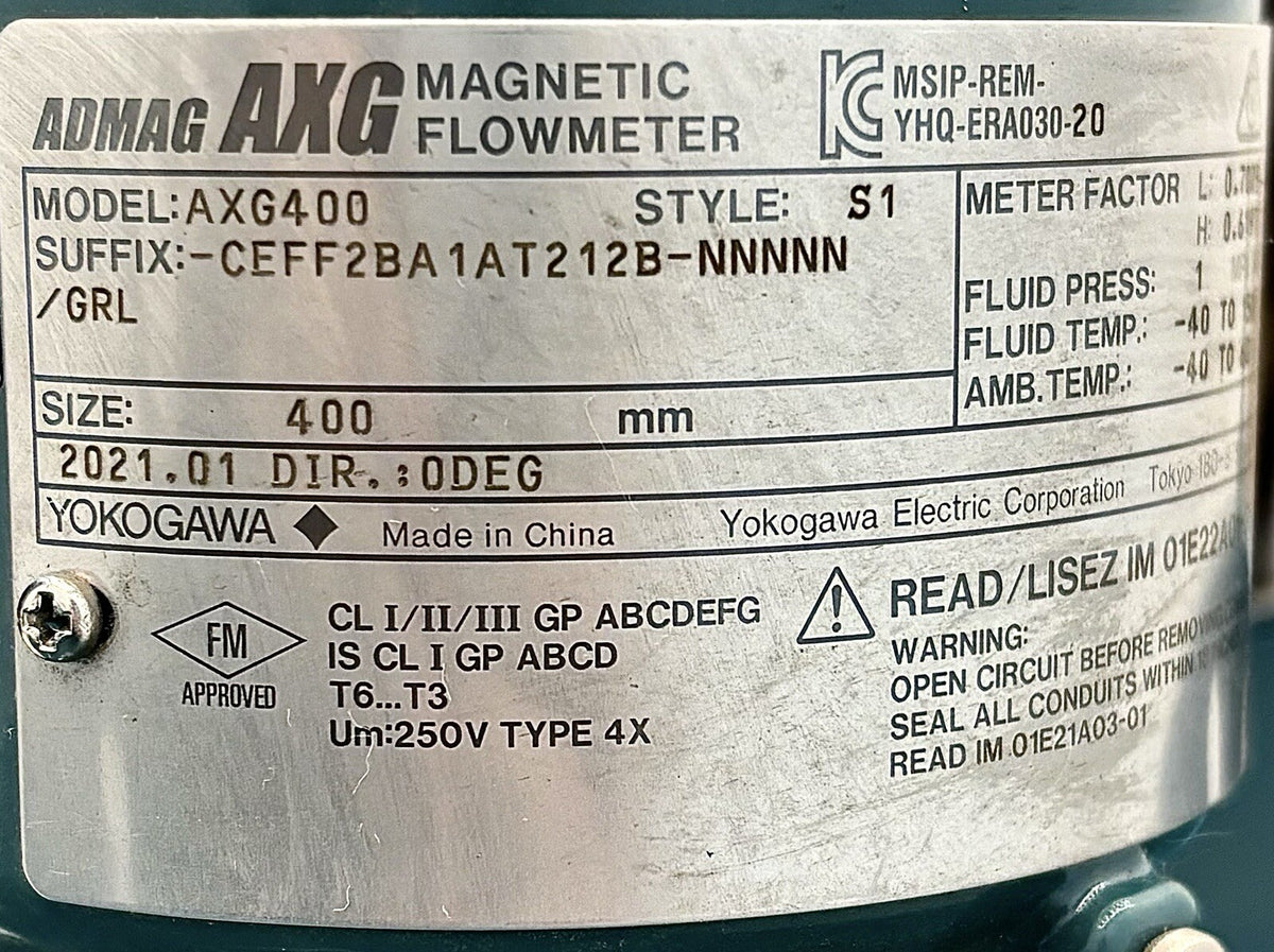 Yokogawa AXG400 ADMAG Magnetic Flowmeter equipment nameplate