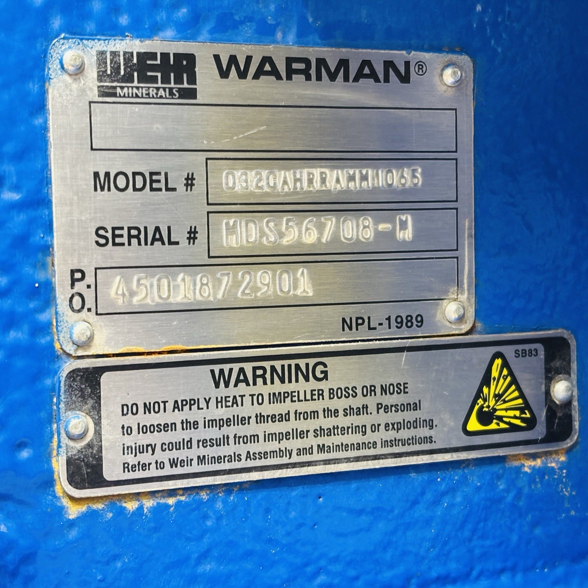 Warman 032CAHRRAMMH065 Slurry Pump equipment nameplate