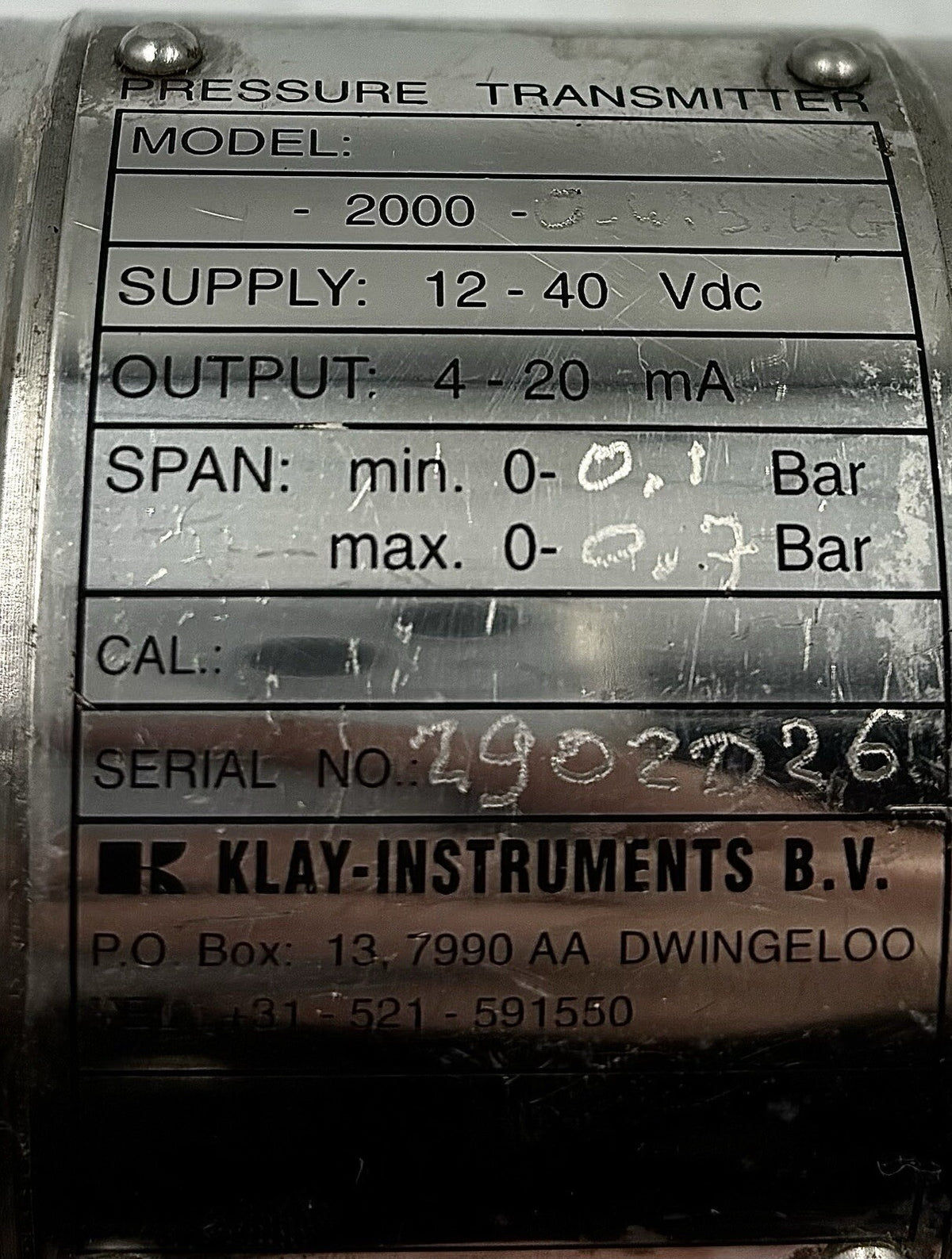 Klay Instruments 2000-O-W-S-V-G Pressure Transmitter equipment nameplate