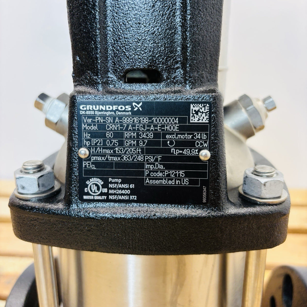Grundfos CRN1-7 Multistage Pump equipment nameplate