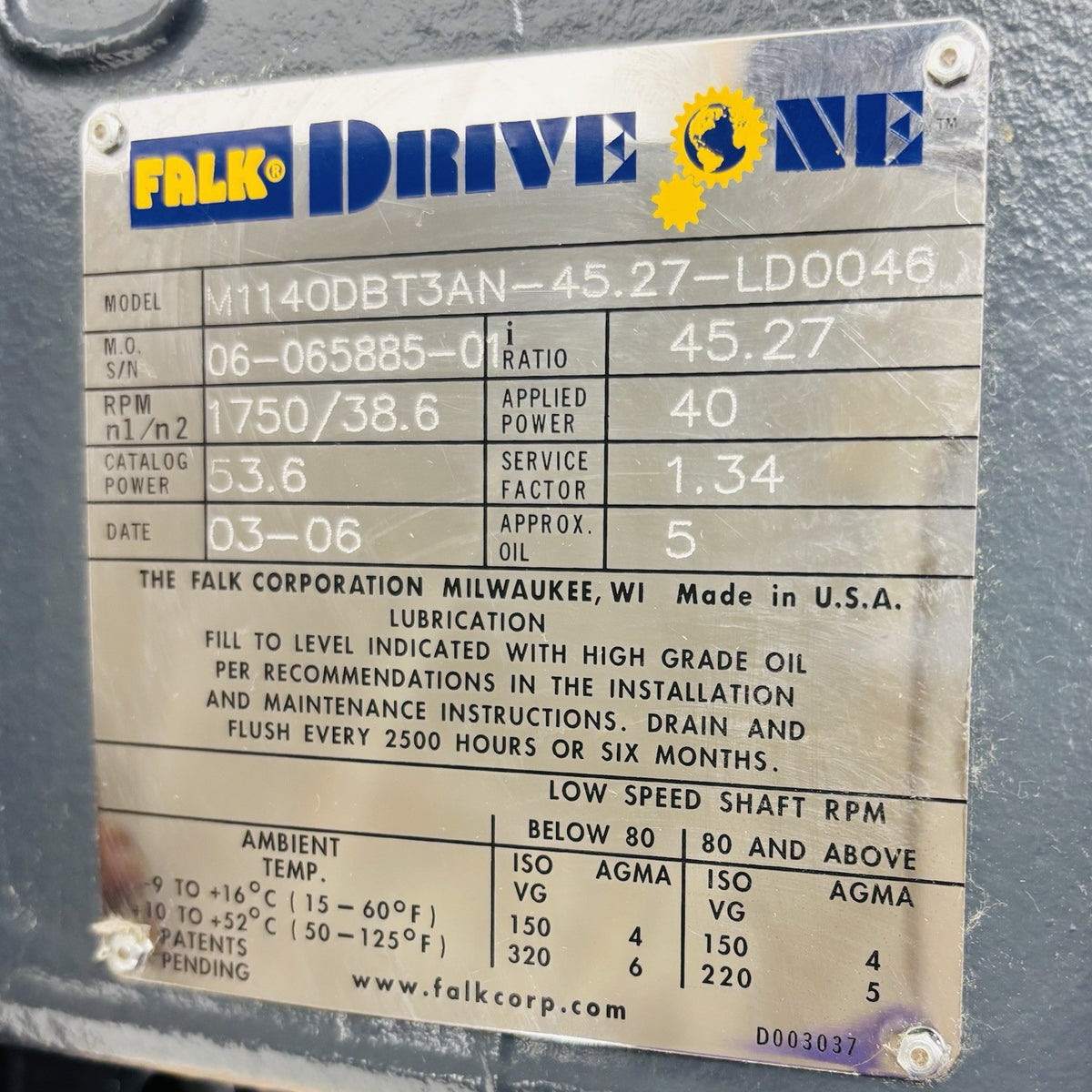 Falk M1140DBT3AN Gear Drive equipment nameplate