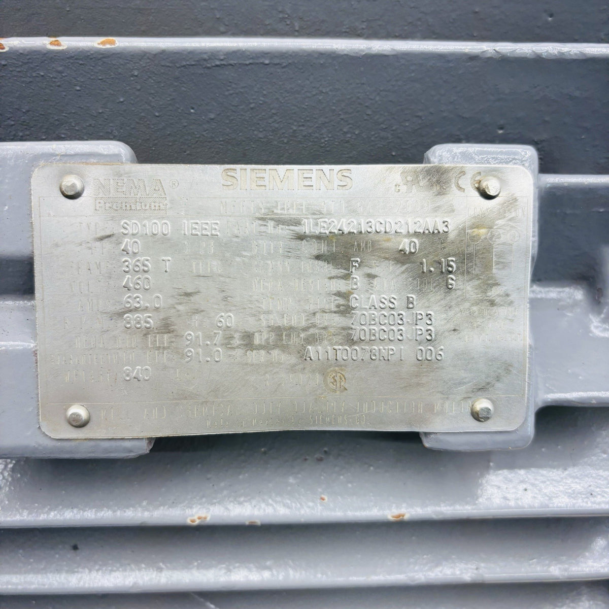 Siemens 1LE24213CD212AA3 Electric Motor equipment nameplate