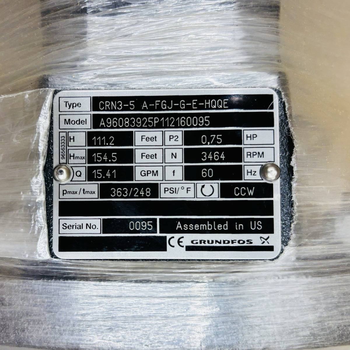 Grundfos CRN3-5 Multistage Pump equipment nameplate