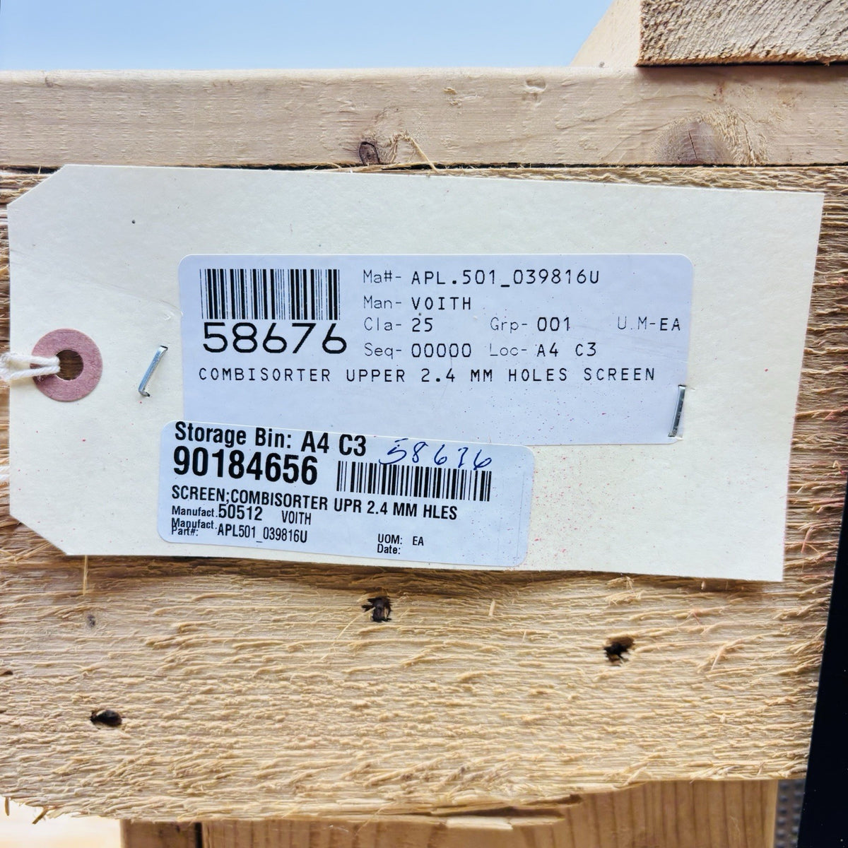 Voith Combisorter upper screen basket storeroom tag APL501_039816U